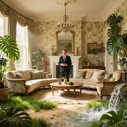 estate agent photo of a trendy living room of an old stately home, flowered wallpaper, antique furniture, unreal engine, overgrown with monstera, grass, sand, sun rays, flooded, waterfall, warm light, artstation