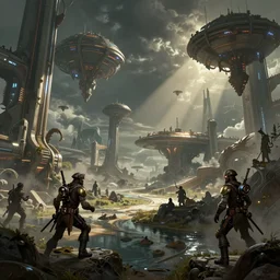 an intricate concept art of space pirates landing in a new world, concept art, matte painting, style by dylan cole and tyler edlin art, hyper realistic, sci - fi, environment design, wide angle, unreal engine, epic lighting,