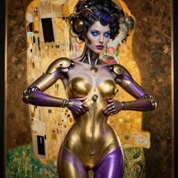 awardwinning half shot photo of a beautiful female steampunk cyborg she pulls her latex skin off, artwork by james jean, hyperdetailed realistic gold and purple metallic, the eyes glow blue, jean delville, art nouveau, gustav klimt, ornate copper patina gothic icon, james jean, ultrasharp hyperdetailed photorealistic octane render