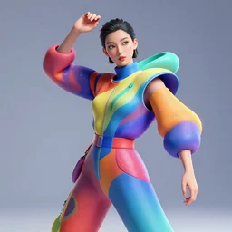 portrait of a futuristic fashion model with an exuberant surreal style, colorful, dynamic pose, beautiful realistic face, octane render, vray, detailed, wide angle, halftoned, editorial illustration, matte print, grainy light, ( ( dither ) ), risograph, high contrast, screen print, rich grainy texture