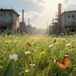 a beautiful meadow, flowers, butterflies, surrounded by dirty industrial buildings, cinematic light, god rays, fantasy landscape, macro, bokeh
