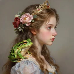 hyperdetailed fantasy profile portrait of a realistic princess and the frog, floral hair, by greg rutkowski, highly detailed, digital painting, artstation, smooth, sharp focus, artstation hq. intricate, elegant, vray render. art by alex ross, wlop, artgerm, ayami kojima, dan mumford, tomokazu matsuyama, takato yamamoto