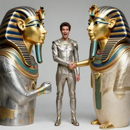 full-Body shot, whole body, beautiful face and fashionable shoes, photo portrait close up of a time traveler in a metallic suit from the future meeting an alive pharaoh king, excitedly shaking hands, very detailed, studio lighting, symmetrical faces, award-winning