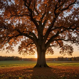 a beautiful, stunning landscape with a giant oak tree in the fall during sunset by edward hopper and craig mullins and