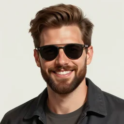 handsome man smiling with a beard wearing sunglasses, Mark Edward Fischbach, intricate, highly detailed, digital painting, artstation, concept art, smooth, sharp focus, illustration, gta v cover art, Unreal Engine 5, 8K, art by artgerm and greg rutkowski and alphonse mucha