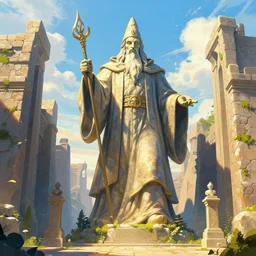 A large statue of a wizard guarding the entrance to a port, landscape art, concept art, fantasy, inspiring, colossus of rhodes, bright lighting, colorful