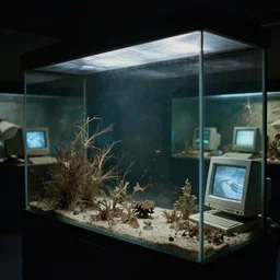 spooky creepy liminal space, display case, aquatic exhibition museum, dried aquarium, computer screens, photo taken on 1 9 8 0 s fujifilm superia