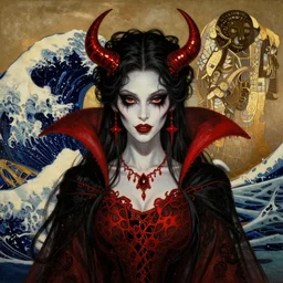 Masterpiece painting of beautiful malicious vampire princess gothic portrait by Donato Giancola and Tom Bagshaw, face by Artgerm and Edmund Leighton, golden ratio, trending on cgsociety, intricate, majestic, dark epic fantasy, trending on artstation, by H.R. Giger, background by James Jean and Gustav Klimt, 8k, volumetric Lighting, Hokusai, detailed crimson ink outline, trending on pixiv