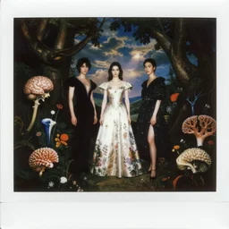 instax of Evolution of Humankind from Vogue editorial fashion photography, dressed by Givenchy and Salvatore Ferragamo, haute couture painted by Andrea Pozzo, still frame of Pan's Labyrinth and Prometheus by Guo Jian and Yue Minjun, in lush brain coral femur by Javier Medellin Puyou