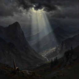 low ultrawide shot, dark, mountains,, abyss, stylized, detailed gouache paintings, crepuscular rays, dark, murky, foggy, atmospheric, nicola samori, albert bierstadt, frederic edwin church, beksinski, wayne barlowe's inferno