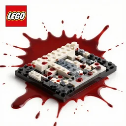 a lego set splattered with blood, dark red blood splatter