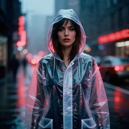 A hyper realistic and detailed portrait photography of a woman wearing a futuristic transparent raincoat with hoodie on a rainy day. by annie leibovitz. Neo noir style. Cyberpunk city. High quality. Cinematic. Extreme Swirly bokeh. Red neon lights and glow in the background. Cinestill 800T film. Lens flare.