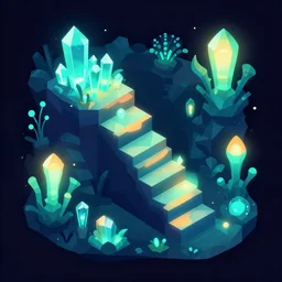 mobile game asset, isometric staircase, crystals, organic low poly vector design, bioluminescent alien - like plants of pandora, aesthetic of avatar's alien nature. we can see alien plants glowing in the dark arround the isometric itens in dark place cyan, orange smooth glow night photoshop filter low poly behance hd