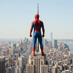 marvel spider - man back standing on top of the empire state building