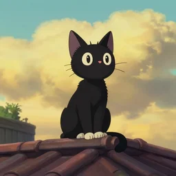 a wholesome animation key shot of a black cat seated on top of a roof with tiles, medium shot, studio ghibli, pixar and disney animation, sharp, rendered in unreal engine 5, anime key art by greg rutkowski, bloom, dramatic lighting, golden hour