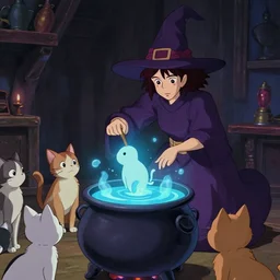 a wholesome animation key shot of a witch cooking a magic point in her cauldron of magical floating blue liquid in the shape of animals as her cats watch, medium shot, waist up, studio Ghibli, Pixar and Disney animation, sharp, Rendered in Unreal Engine 5, anime key art by Greg Rutkowski, Bloom, dramatic lighting, J. C. Leyendecker