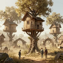 post - medieval village of treehouses, dry archways, light dust, by peter mohrbacher dan mumford craig mullins nekro, cgsociety, pixiv, volumetric light, 3 d render