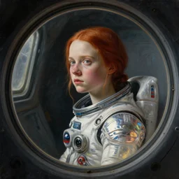 a window - lit realistic portrait painting of a thoughtful girl resembling a young, shy, redheaded alicia vikander or millie bobby brown wearing a futuristic reflective spacesuit by a spaceship porthole, highly detailed, intricate, by vermeer