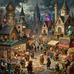 city marketplace with mixed medieval and cyberpunk architecture, with many strange sentient beings, many goblins, shopping for colorful baubles and objects, horror vacui, extremely detailed illustration inspired by where's waldo, wimmelbilder drawings