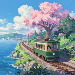a streetcar is running on the dreamy chromatic sea, kamakura scenery, the feeling of summer, unreal engine, fantasy art by greg, loish, rhads, ferdinand knab, makoto shinkai and lois van baarle, ilya kuvshinov, rossdraws, tom bagshaw, night lighting, trending onstudio ghibli, highly detailed, octane render, 8 k