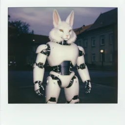 close up potrait of oversized cyborg white wolf rabbit cat mutant in legnica, full body, nighttime, cinematic focus, polaroid photo, vintage, neutral dull colors, soft lights,, overcast by oleg oprisco, by gregory crewdson