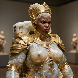 intricate slightly iridescent and tanslucent hyperrealistic onyx and gold bust of futuristic obese beautiful cybernetic astronaut black girl angry empress, museum lighting