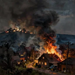 dark smoke fills the air from the fire in my house i could see the lights of town through the trees on the ridge on my way home in the dark, painted by winslow homer, rodcenko, yue minjun, gottfried helnwein