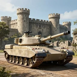 M1 Abrams tank parked outside of a medieval castle, beautiful, detailed, cinematic, unreal engine, 4k