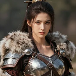 close - up headshot portrait of a gorgeous and pretty anime barbarian woman, plated fur leather armor, chest plate, highly detailed, muscular, very beautiful face, digital art, pixiv fanbox, trending on artstation, ray tracing, volumetric lighting, sharp focus, unreal engine 5, octane render, by greg rutkowski, wlop, miyazaki hayao