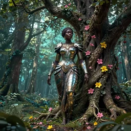 illustration neoclassical cinematic super expressive! yoruba goddess with exoskeleton armor, merging with tree in a forest, pink yellow flowers, highly detailed digital art masterpiece, smooth etienne sandorfi eric zener dramatic pearlescent soft teal light, ground angle uhd 8 k, sharp focus