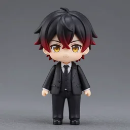 nendoroid anime handsome male demon boy, short black and dark red hair, golden eyes, gold color eyes pretty symmetrical face, fullbody, wearing a suit, anime, nendoroid
