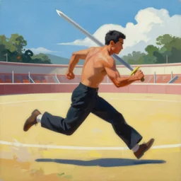 a man with a sword charging sprint in an arena, organic painting, sunny day, matte painting, bold shapes, hard edges, street art, trending on artstation, by huang guangjian, gil elvgren, ruan jia, randy vargas, greg rutkowski