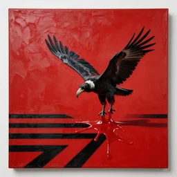 canvas coated with red paint, black stripes, vulture flying out of an oil slick, matte paint, alberto seveso