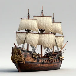 medieval ship, sailboat, 3 d detailed realistic model, 3 d render of detailed medieval photorealistic sailboat, pirate ship