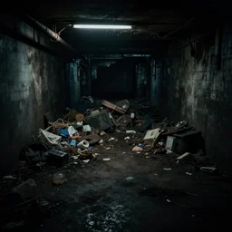 dark, dirty, underground metro, abandoned, creepy, piles of trash and junk, low brightness, cinematic lighting, no power