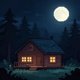 pixel art of cabin in the woods at night, creepy, full moon, # pixelart, trending on artstation