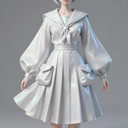 designer anime stylized figure haute couture collection light textiles, body fitted dart manipulation, loose coat collar sailor uniform, midi skirt, coated pleats, synthetic curves striking pose, stylized dynamic folds, cute huge pockets, intriguing volume flutter, youthful, modeled by modern designer bust, holographic, expert composition, professional retouch, editorial photography