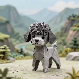 a videogame still of black grey hairless miniature toy poodle in the Taiwan mountainous valleys made from origami in Tekken 7, 40mm lens, shallow depth of field, split lighting