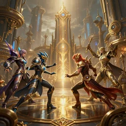 fantasy league of legends characters fight near steampunk city, action scene, 8 k, lumen reflections, sharpened, insanely detailed and intricate, hypermaximalist, elegant, ornate, hyper realistic, super detailed, digital art
