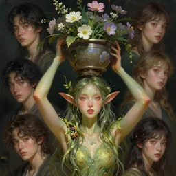 character concept art of an dryad, plant woman, pretty face, flower pot balanced on head by hyeyoung kim, stanley artgerm lau, wlop, rossdraws, james jean, andrei riabovitchev, marc simonetti, and sakimichan, tranding on artstation