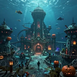a horror based amusement park during halloween that takes place deep underwater and is built on the idea of the lost city of atlantis, first person perspective looking up, halloween decorations, underwater city, amusement park, spooky, fish in the background, rides, amusement park buildings, deep sea themed, horror themed, fun, concept art