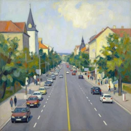 an edward hopper style painting of a busy road of ( ( ( ( ( ( ( ( gyor ) ) ) ) ) ) ) ) in hungary, summer, july of 1 9 4 8