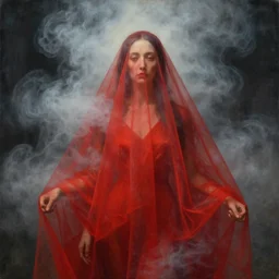 empress from heaven covered with smoke and transparent red fabric, a painting by h. r giger, zdzisław beksinski, greg rutkowski. hyper detailed portrait.