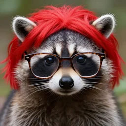 raccoon!!!!! wearing red wig and tortoise shell glasses, photo, detailed, 4 k
