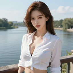 sexy girl with brown hair a low cut shirt, scenic view of river, in the style of ilya kuvshinov and rossdraws and artgerm, high definition anime art, gorgeous, sexy, hot