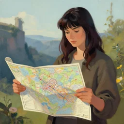 a cartographer lady with dark hair and bangs holding a map of human consciousness, digital art painting
