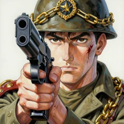 portrait of a hero holding his gun in front of his face by yoji shinkawa, high quality, extra details, realism, ornate, colored, golden chain, blood, white skin, short hair, brown eyes, vivid, sunlight, dynamic, american man, freedom, white american soldier, painting