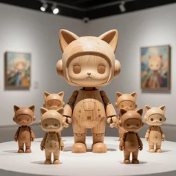 8 k octan advertising photo, a totally wooden sculpture collection art toys on feet, very cute cyborg zen with cat ears, cyberpunk a contemporary art gallery sharp focus, masterpiece,