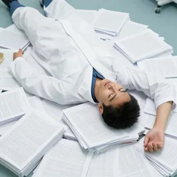 a scientist laying on top of a pile of papers, 4 k