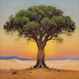 a painting of a majestic tree in the desert, an airbrush painting by breyten breytenbach, cgsociety, neo - primitivism, dystopian art,! apocalypse landscape!!